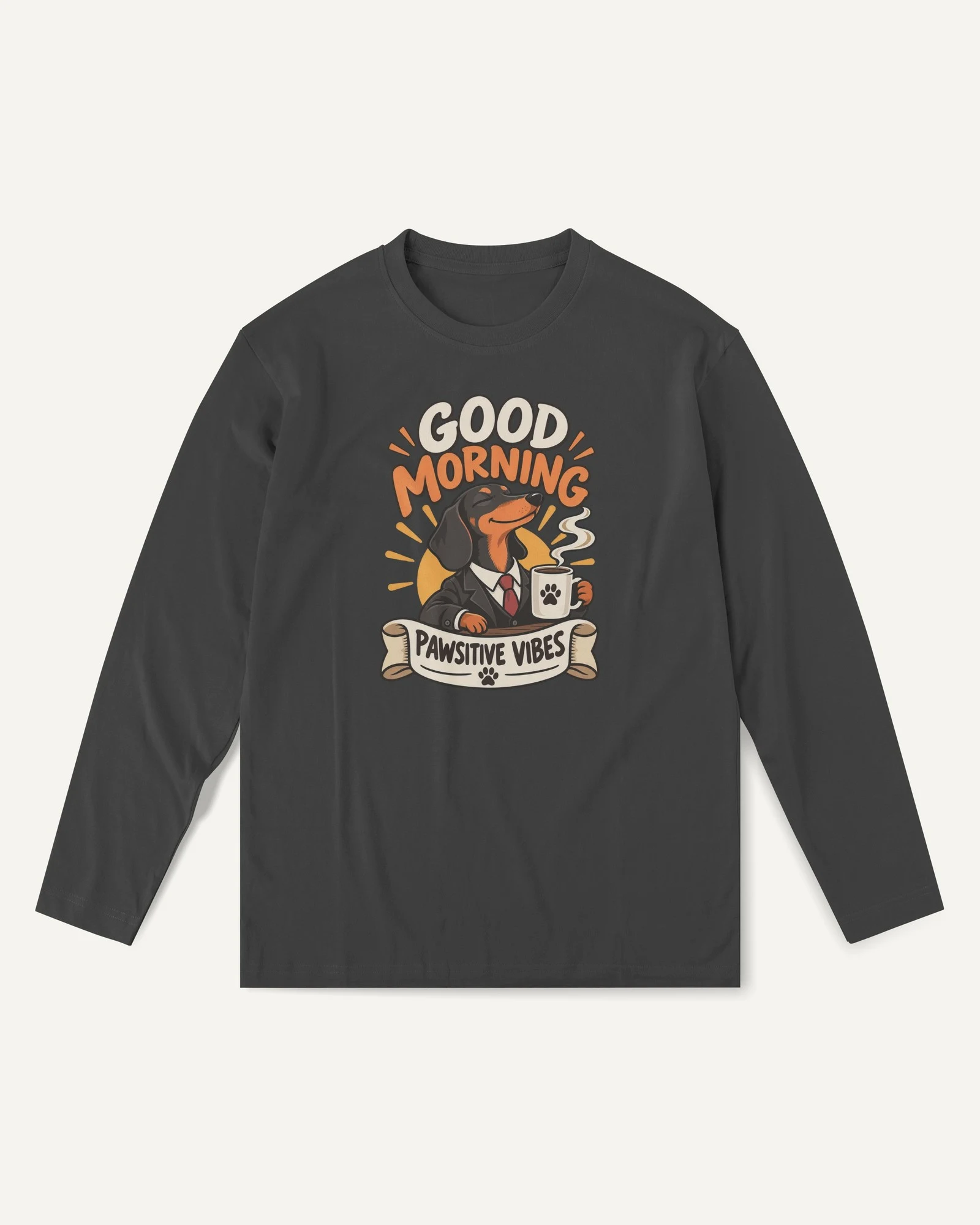 Good Morning Pawsitive Vibes Long-Sleeve T-Shirt in Black — front Good Morning Pawsitive Vibes Long-Sleeve T-Shirt in Black — front