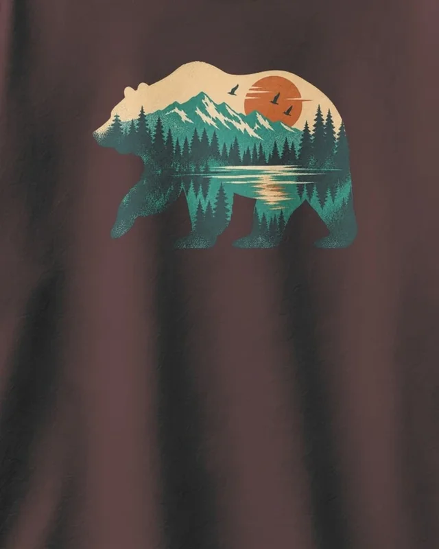 Mountain Forest Bear Oversized T-Shirt in Maroon — design detail