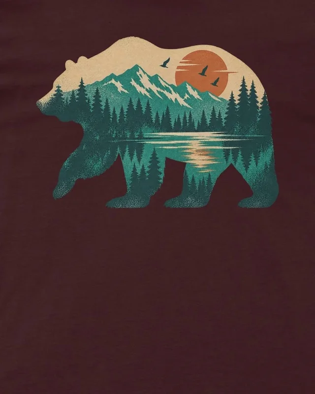 Mountain Forest Bear Regular T-Shirt in Maroon — design detail