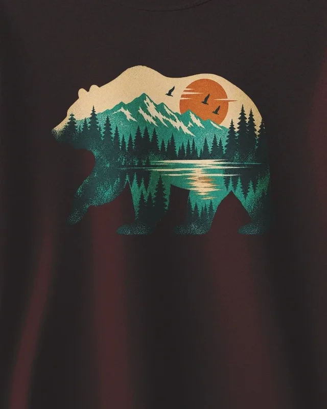 Mountain Forest Bear Sweatshirt in Maroon — design detail