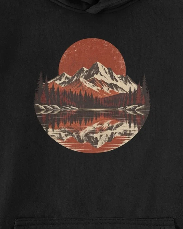 Mountain Lake Sunset Graphic Hoodie in Black — cropped design detail