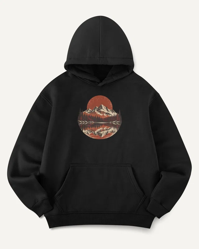 Mountain Lake Sunset Graphic Hoodie in Black — front