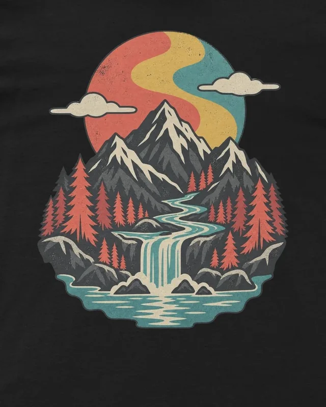 Mountain River Landscape Regular T-Shirt in Black — design detail