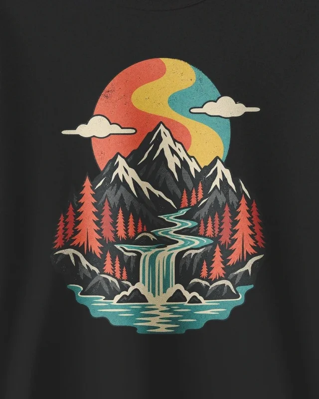 Mountain River Landscape Sweatshirt in Black — design detail