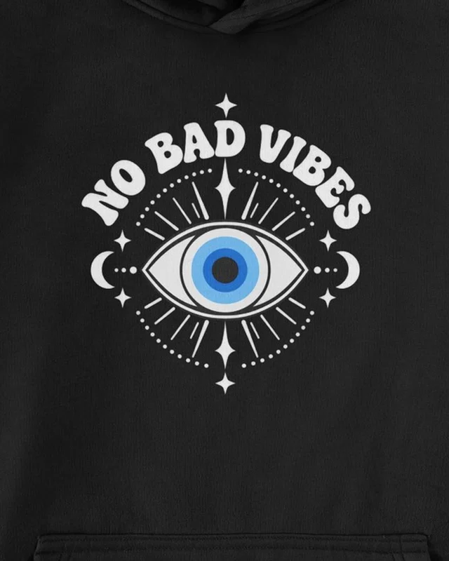 No Bad Vibes Evil Eye Graphic Hoodie in Black — cropped design detail