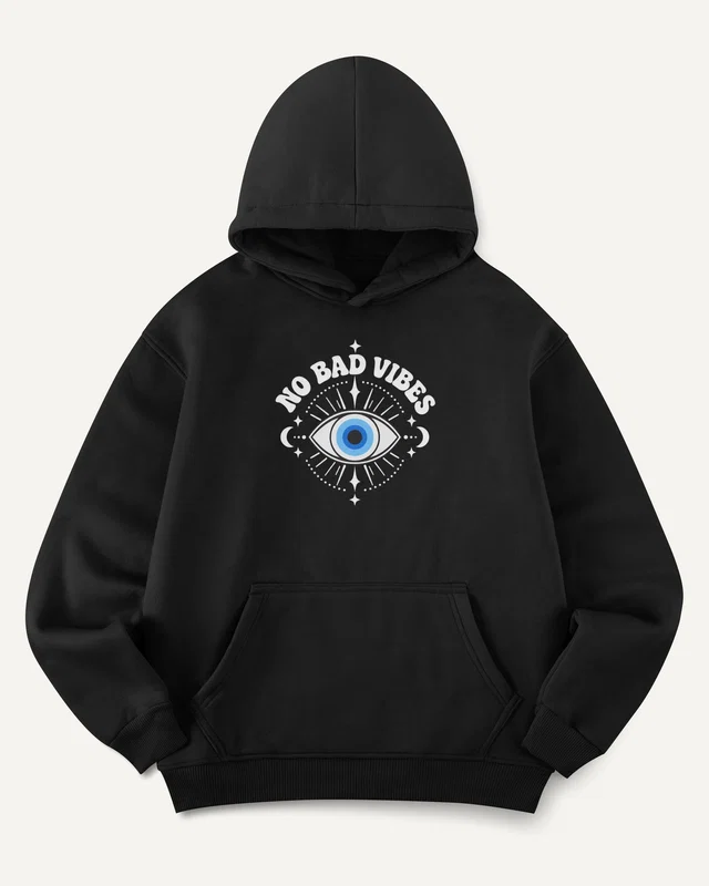 No Bad Vibes Evil Eye Graphic Hoodie in Black — front