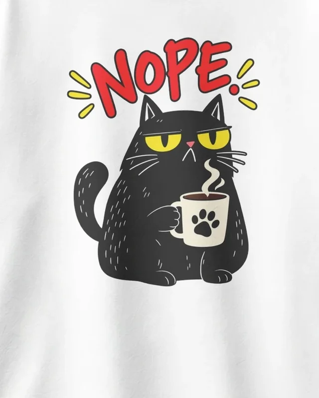 Nope Cat Oversized T-Shirt in White — design detail