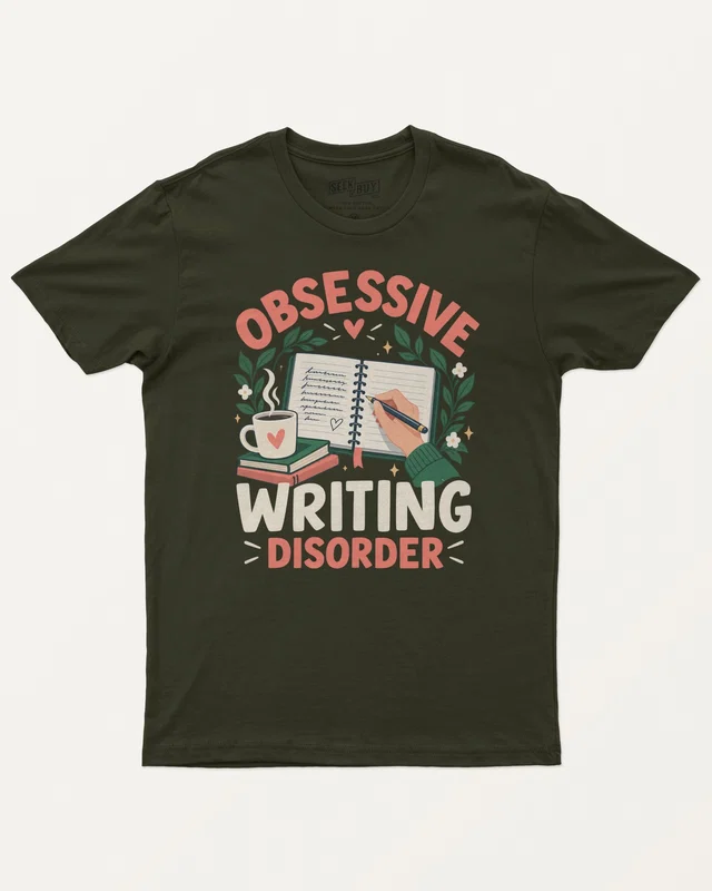 Obsessive Writing Disorder Regular T-Shirt in Olive Green — front