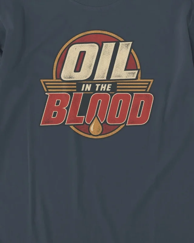Oil in the Blood Long-Sleeve T-Shirt in Navy Blue — design detail