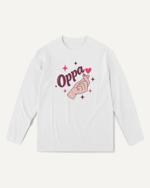 Oppa Finger Heart Long-Sleeve T-Shirt in White — front