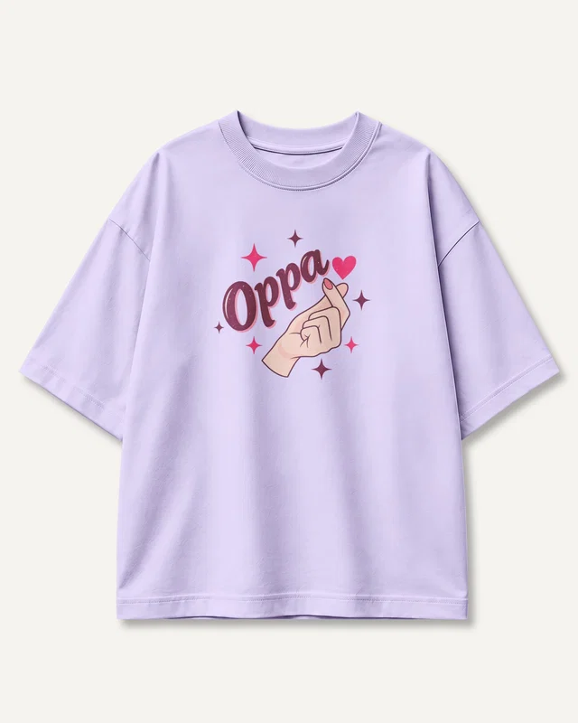 Oppa Finger Heart Oversized T-Shirt in Lavender — front