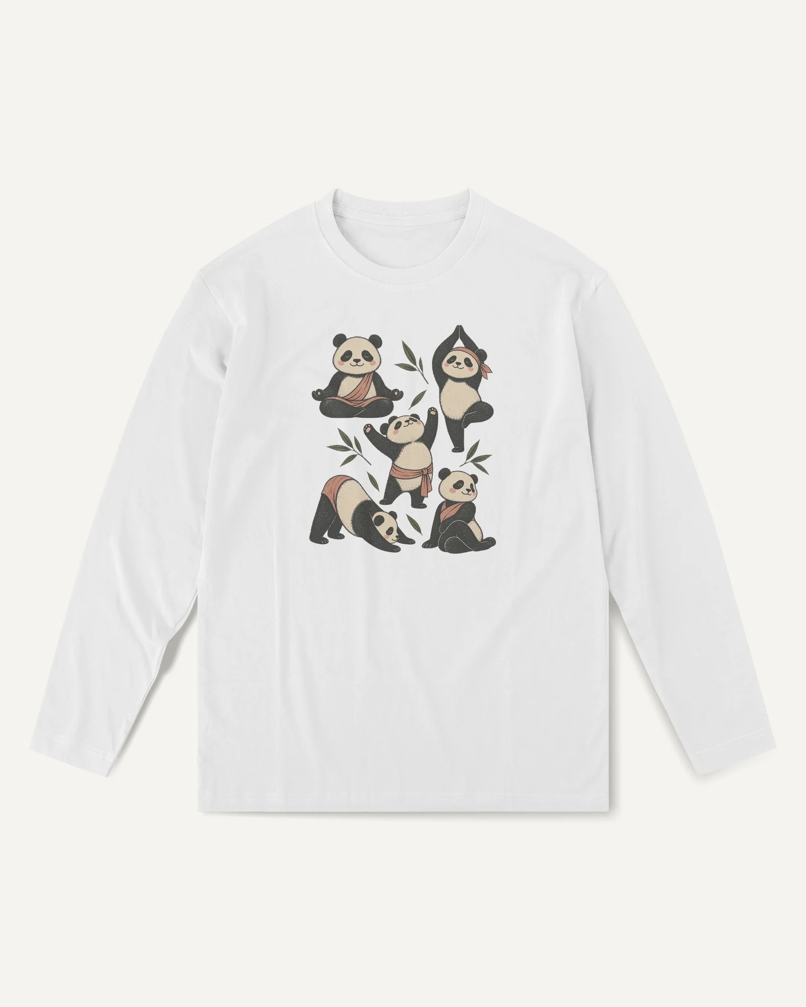 Panda Yoga Long-Sleeve T-Shirt in White — front Panda Yoga Long-Sleeve T-Shirt in White — front