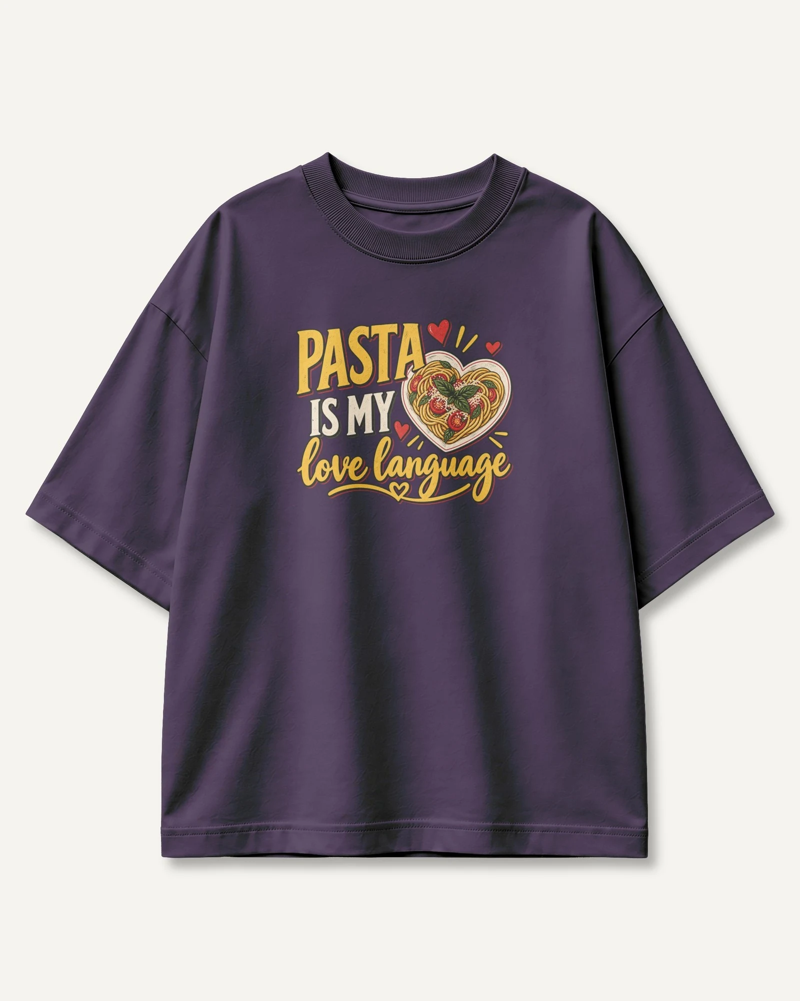 Pasta Is My Love Language Oversized T-Shirt in Purple — front Pasta Is My Love Language Oversized T-Shirt in Purple — front