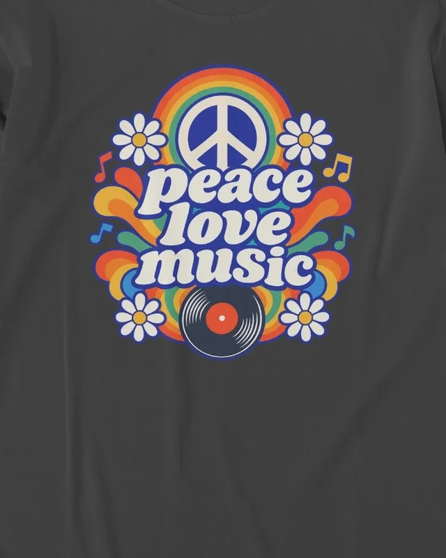 Peace Love Music Long-Sleeve T-Shirt in Black — design detail