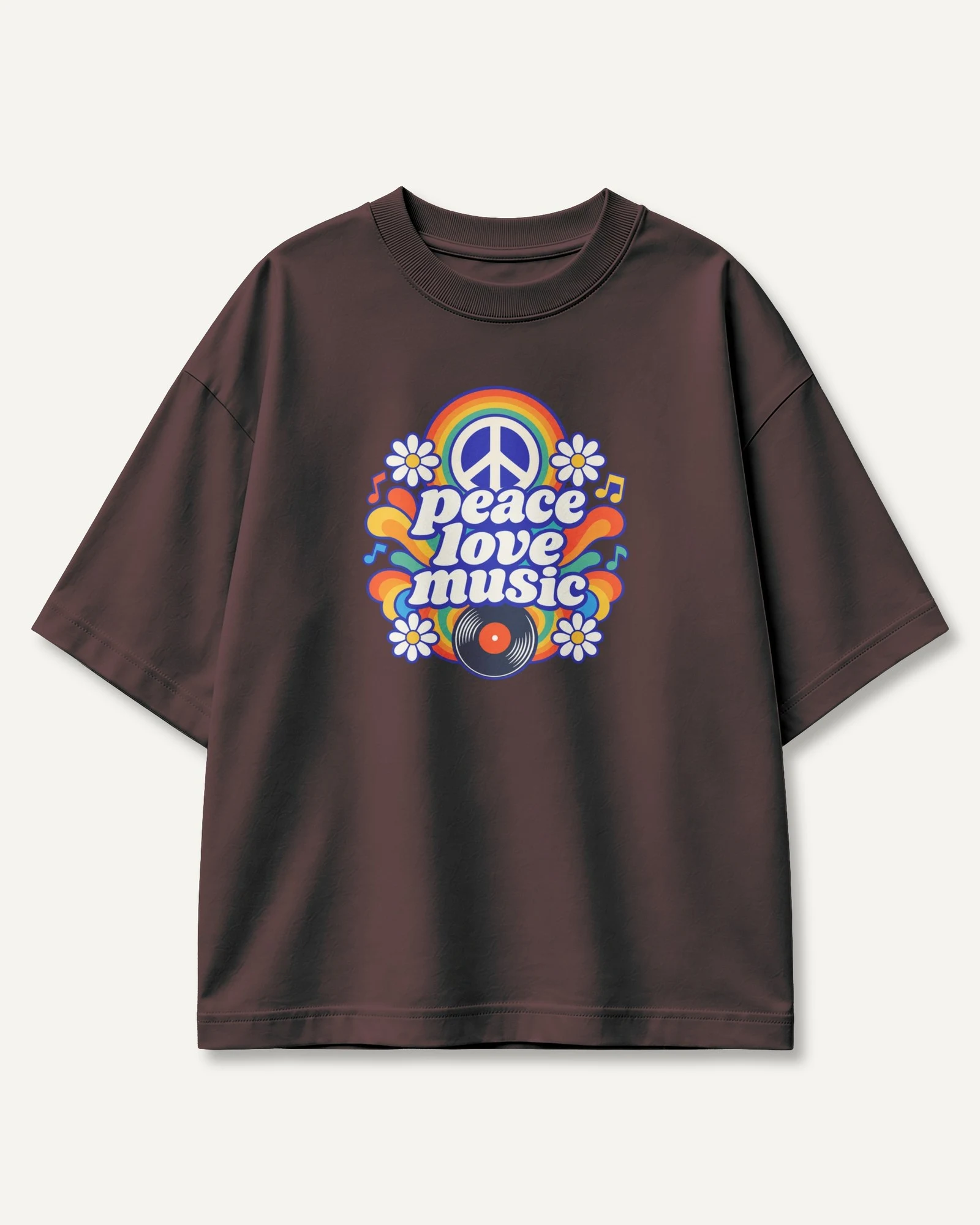 Peace Love Music Oversized T-Shirt in Maroon — front Peace Love Music Oversized T-Shirt in Maroon — front