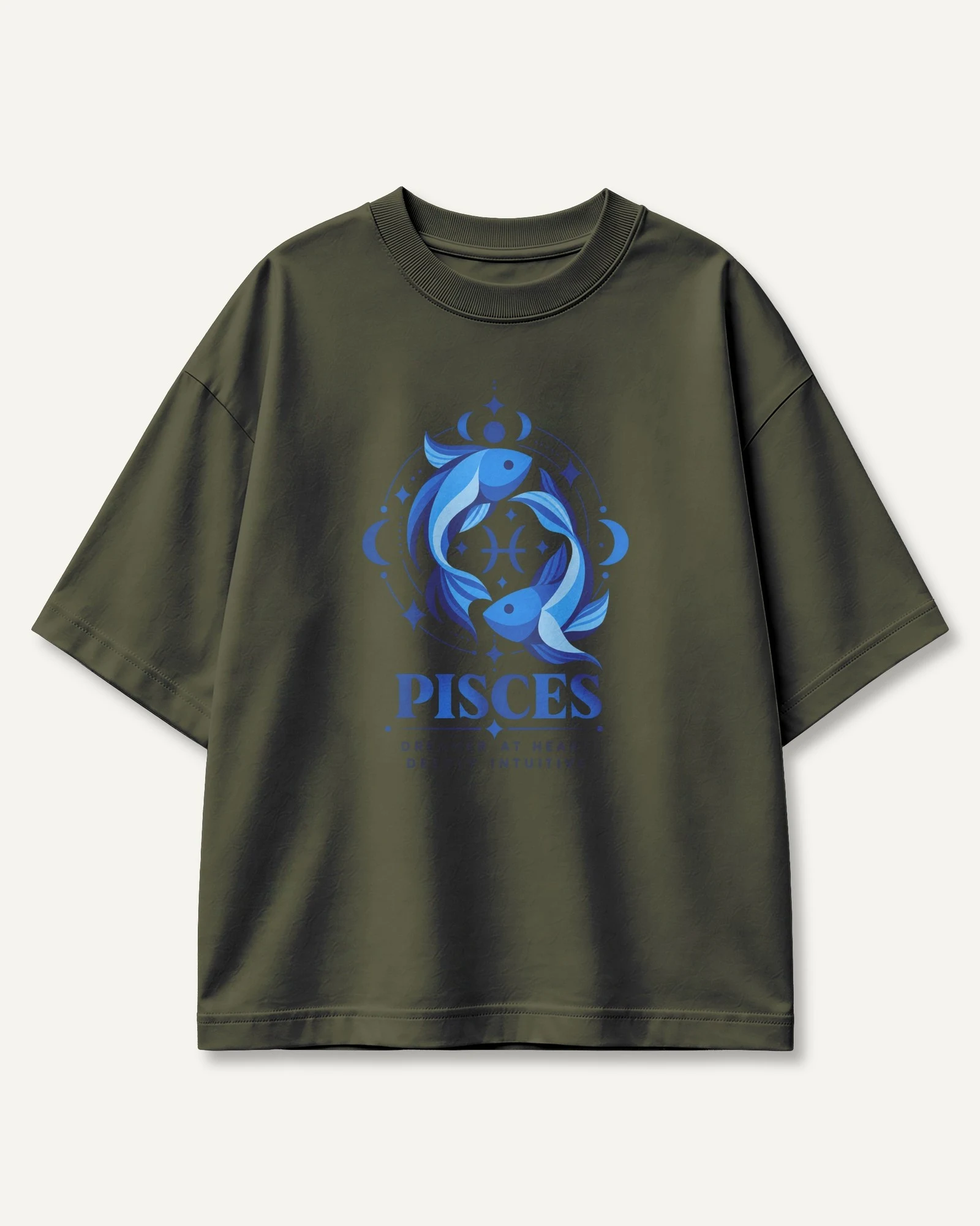 Pisces Oversized T-Shirt in Olive Green — front Pisces Oversized T-Shirt in Olive Green — front