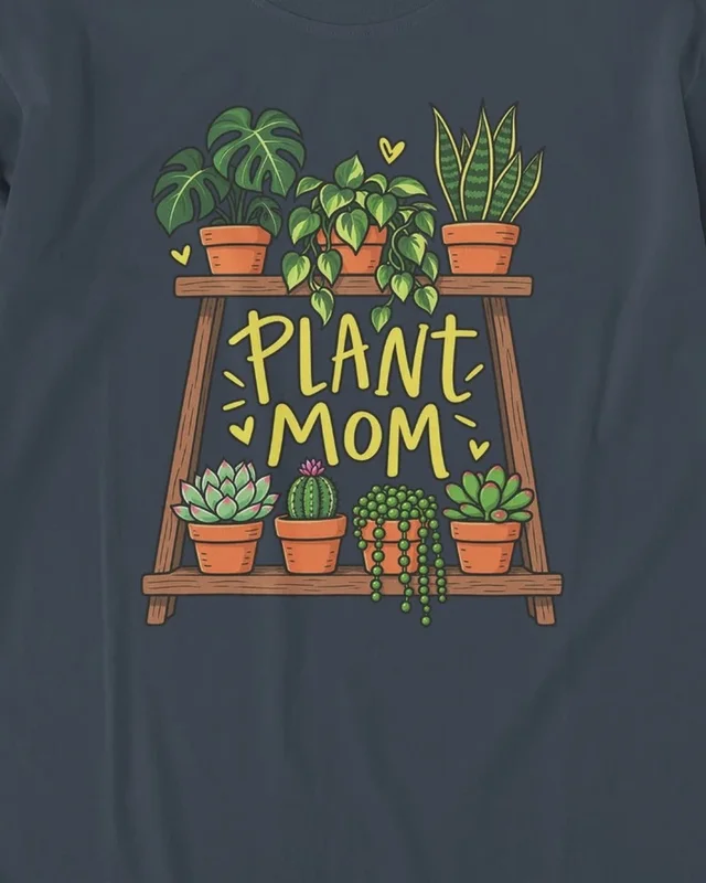 Plant Mom Long-Sleeve T-Shirt in Navy Blue — design detail