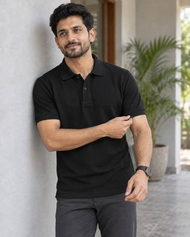 Essential Cotton Polo T-Shirt in Black — Collar detail