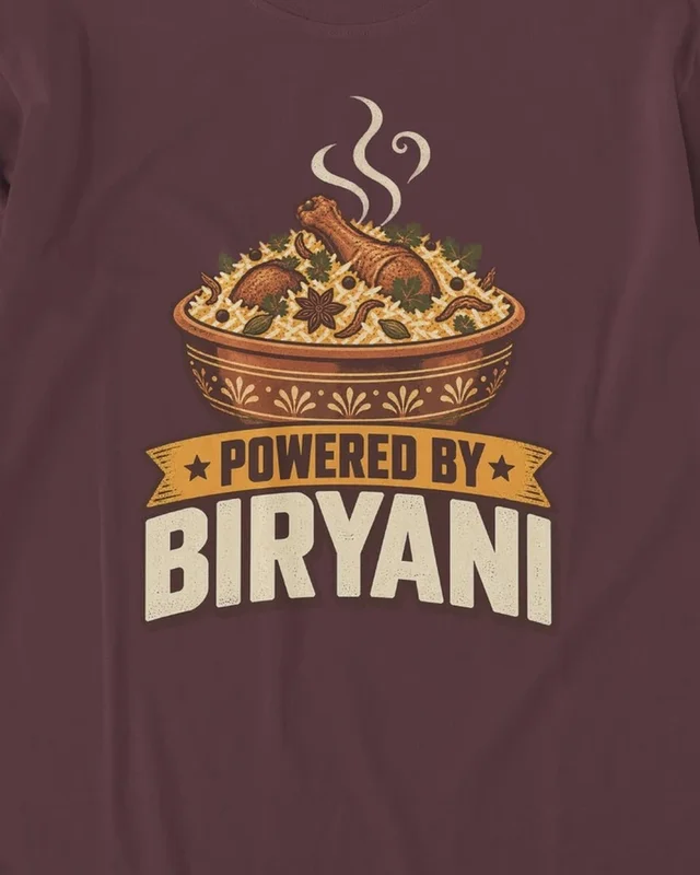 Powered by Biryani Long-Sleeve T-Shirt in Maroon — design detail