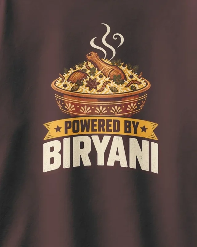 Powered by Biryani Oversized T-Shirt in Maroon — design detail