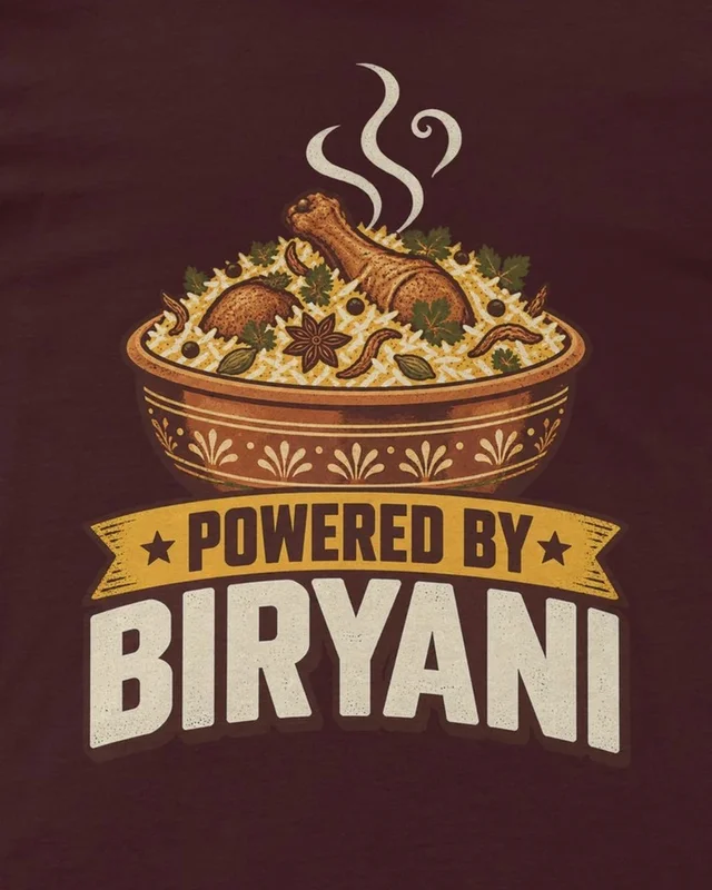 Powered by Biryani Regular T-Shirt in Maroon — design detail