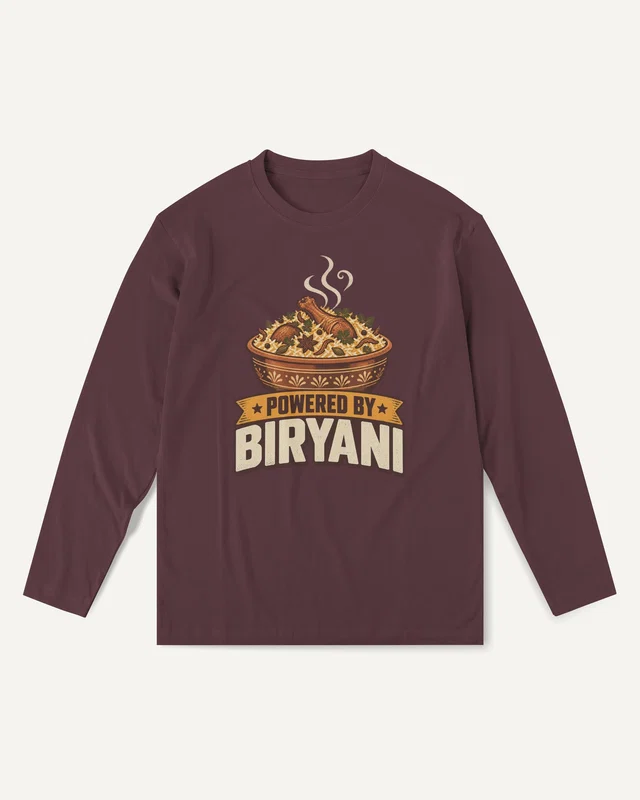 Powered by Biryani Long-Sleeve T-Shirt in Maroon — front