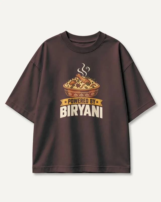 Powered by Biryani Oversized T-Shirt in Maroon — front