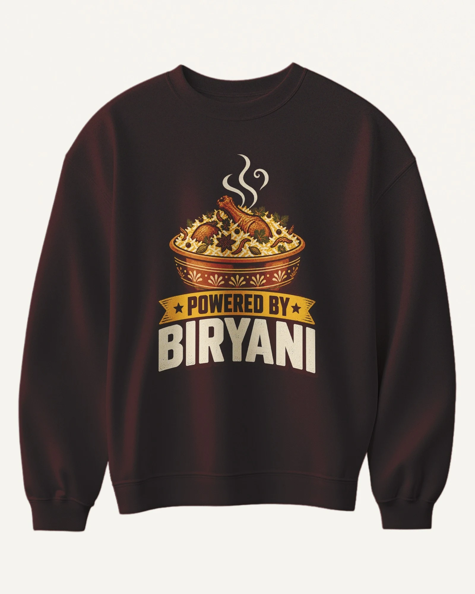 Powered by Biryani Sweatshirt in Maroon — front Powered by Biryani Sweatshirt in Maroon — front