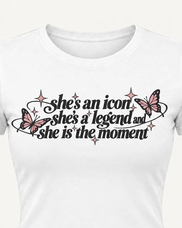 She's an Icon Graphic Crop Top in White — cropped design detail