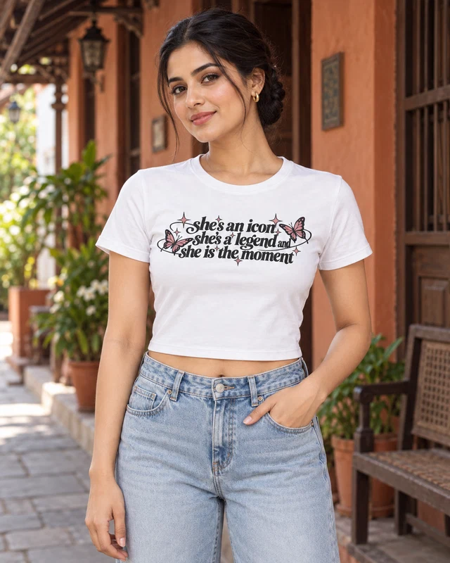 She's an Icon Graphic Crop Top in White — model view 1