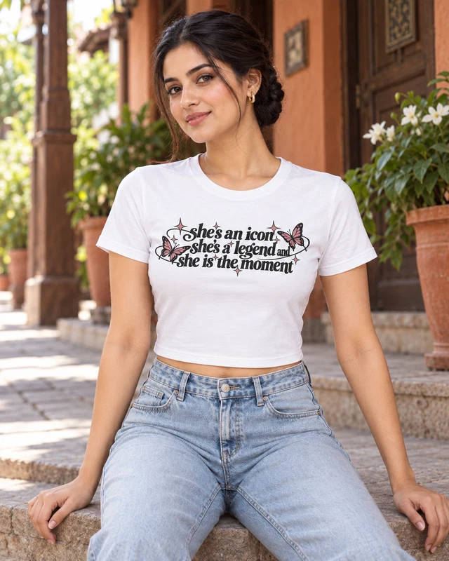 She's an Icon Graphic Crop Top in White — model view 2