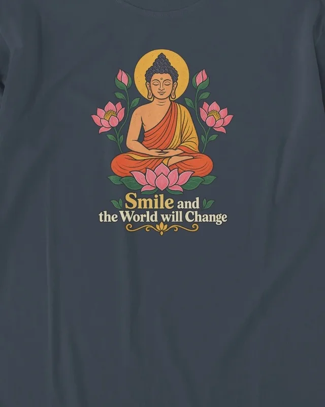 Smile and the World Will Change Long-Sleeve T-Shirt in Navy Blue — design detail