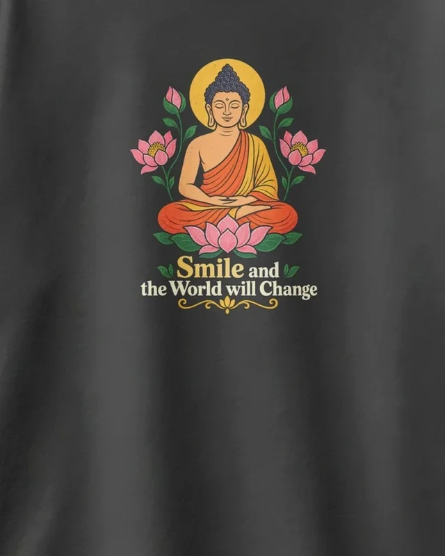 Smile and the World Will Change Oversized T-Shirt in Black — design detail