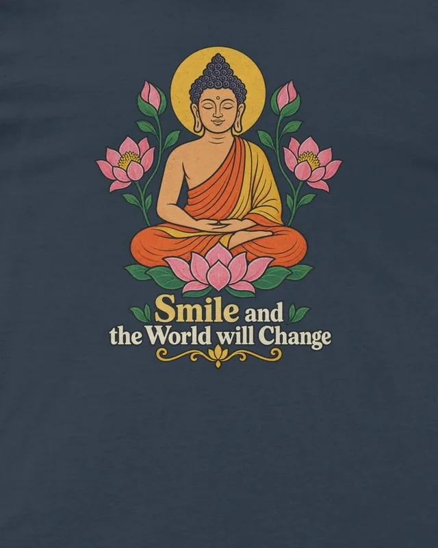 Smile and the World Will Change Regular T-Shirt in Navy Blue — design detail