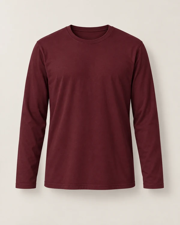 Essential Long Sleeve Cotton T-Shirt — Maroon — front — plain unprinted product