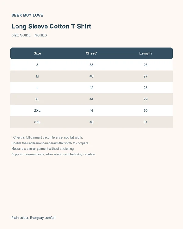 Essential Long Sleeve Cotton T-Shirt — Size guide