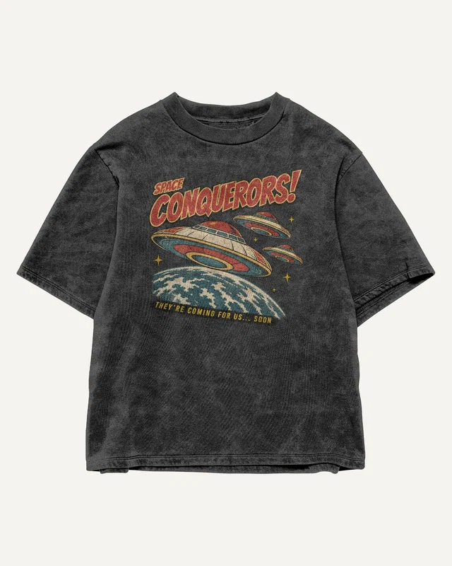 Space Conquerors Acid-Wash Oversized T-Shirt in Black — front