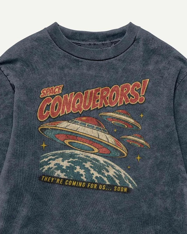 Space Conquerors Acid-Wash Oversized T-Shirt in Navy Blue — design detail