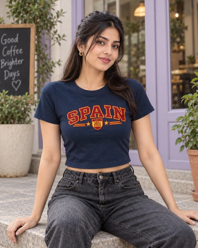 Spain Varsity Graphic Crop Top in Navy Blue — model view 2