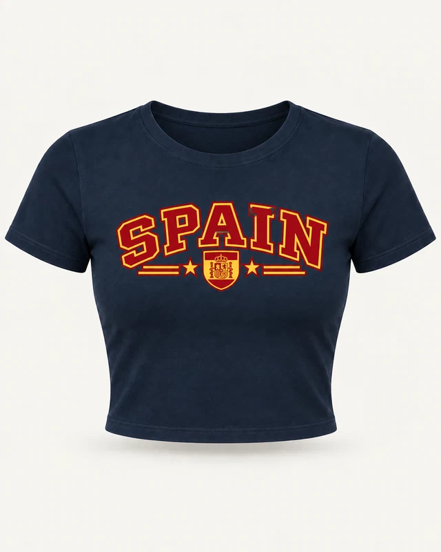 Spain Varsity Graphic Crop Top in Navy Blue — product front