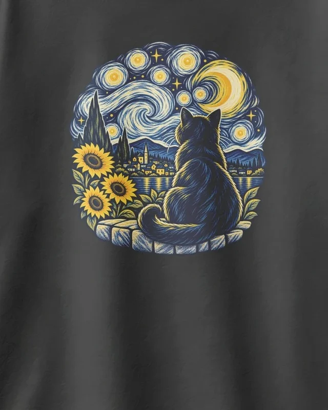 Starry Night Cat Oversized T-Shirt in Black — design detail
