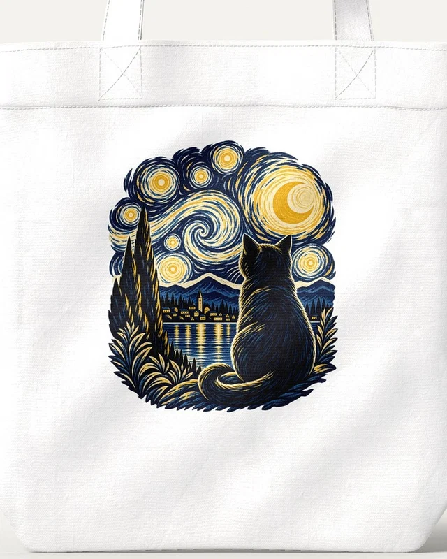 Starry Night Cat Zipper Tote Bag in White — design detail