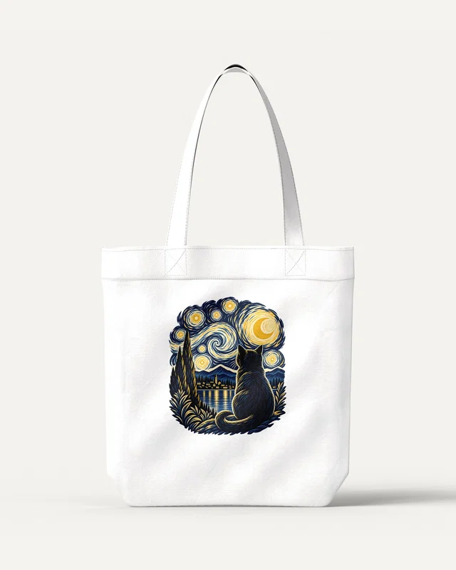 Starry Night Cat Zipper Tote Bag in White — front