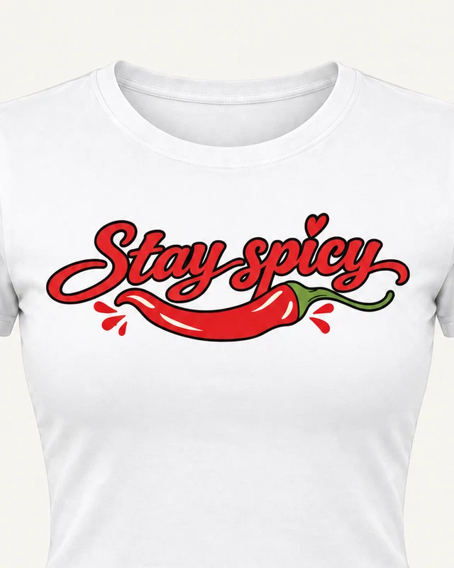 Stay Spicy Graphic Crop Top in White — cropped design detail
