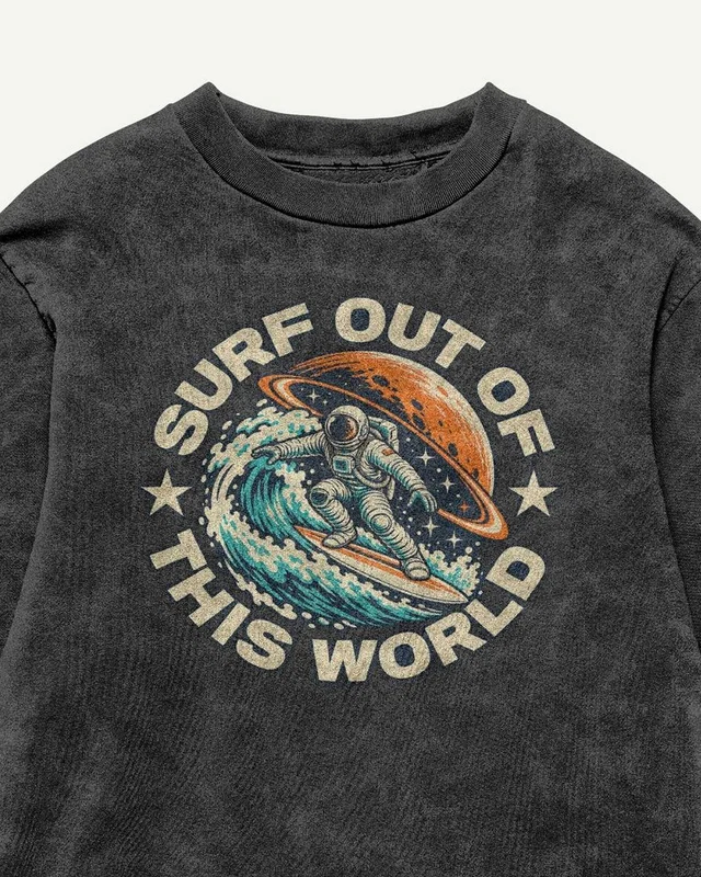 Surf Out of This World Acid-Wash Oversized T-Shirt in Black — design detail