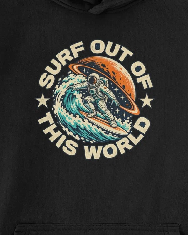 Surf Out of This World Graphic Hoodie in Black — cropped design detail