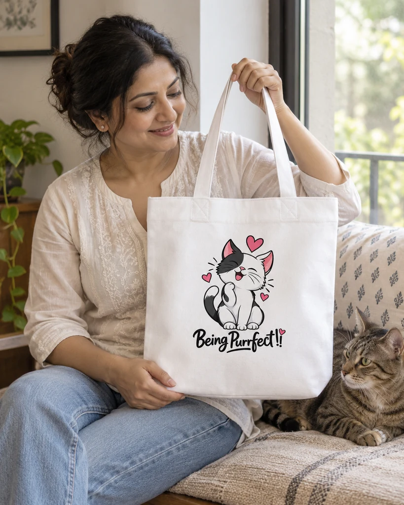 Being Purrfect Zipper Tote Bag in White — Cat Lovers