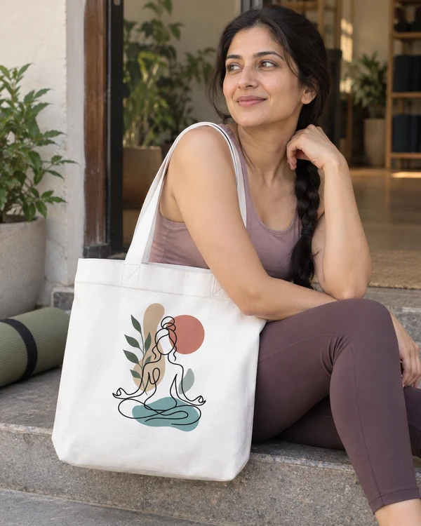 Botanical Yoga Line Art Zipper Tote Bag in White — Indian lifestyle photo