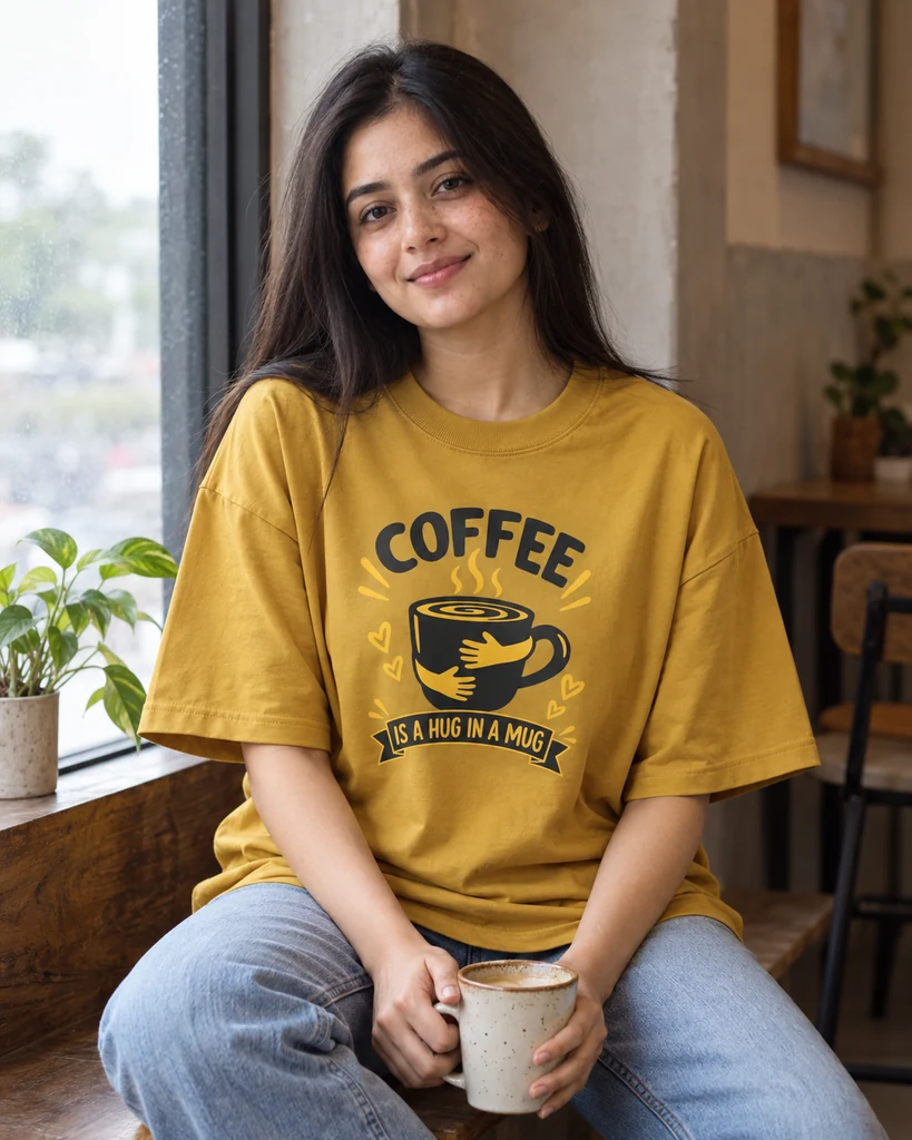 Coffee Is a Hug in a Mug Oversized T-Shirt in Mustard Yellow — Coffee