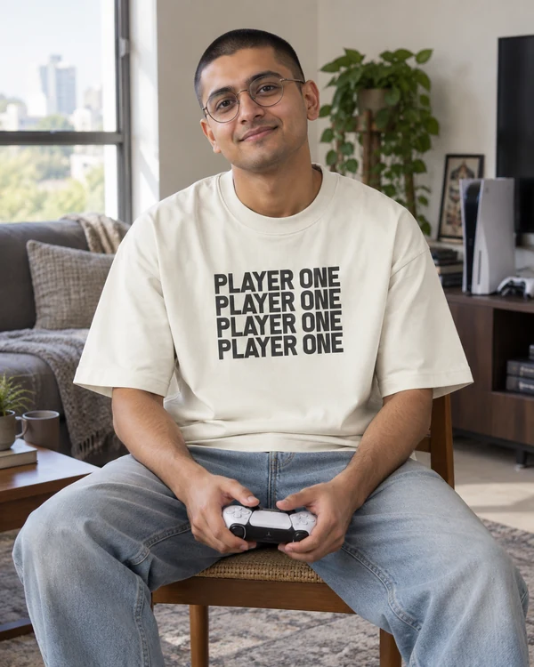 Player One Oversized T-Shirt in Off White — Indian lifestyle photo